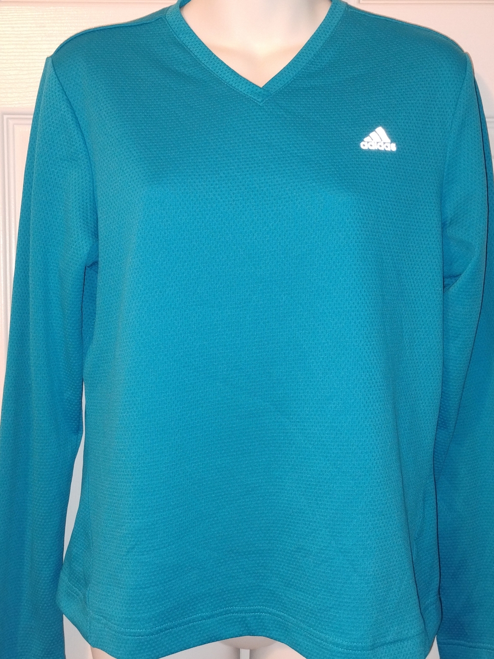 Adidas Teal V-Neck Performance Long Sleeve Textured Woman's Shirt